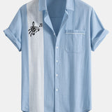 Musical Note Print Linen Contrast Button Up Shirt