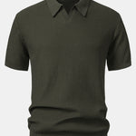 Wave Jacquard Knit V Neck Polo Shirt & Straight Leg Ribbed Pants Set