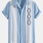 Geometric Rhombus Print Linen Patchwork Bowling Shirt