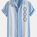 Geometric Rhombus Print Linen Patchwork Bowling Shirt