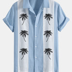 Palm Tree Print Linen Patchwork Bowling Shirt