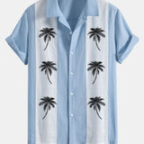 Palm Tree Print Linen Patchwork Bowling Shirt