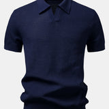 Textured Johnny Collar Crocheted Knit Polo & Crinkle Textured Pants Set