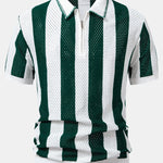 Striped Eyelet Knit Zip Up Polo Shirt & Straight Leg Linen Pants Set