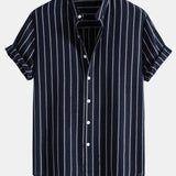 Cotton Blend Striped Stand Collar Shirt