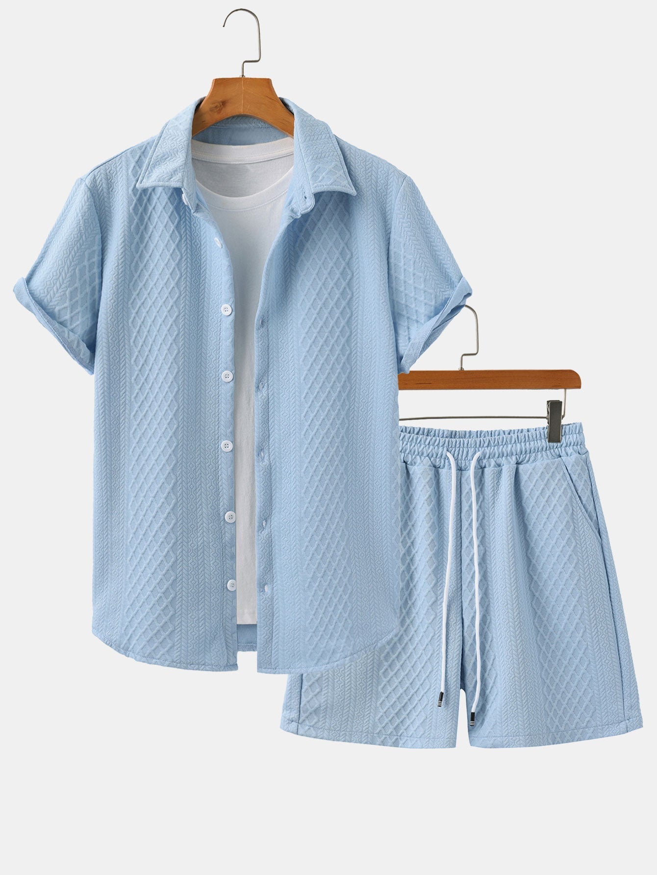 Rhombus Geometry Jacquard Shirt & Drawstring Shorts Set