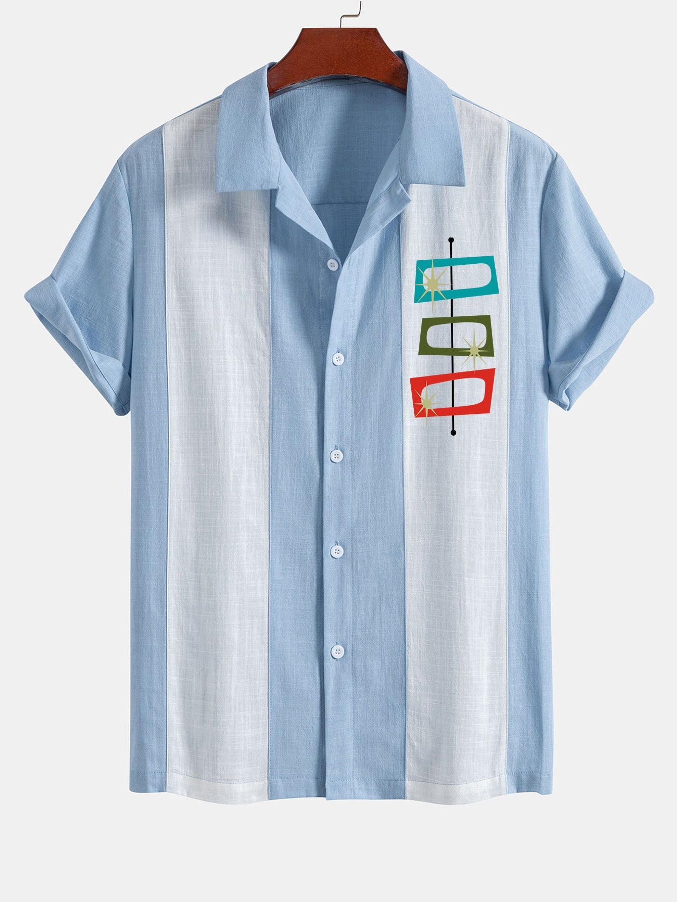 Atomic Print Linen Patchwork Bowling Shirt