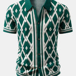 Retro Rhombus Geometric Knit Shirt & Slim Fit Tapered Trousers Set