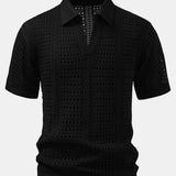 Crochet V Neck Polo Shirt & Straight Leg Linen Pants Set