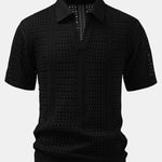 Crochet V Neck Polo Shirt & Crinkle Textured Drawstring 5" Shorts Set