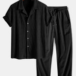 Knitted Geometric Rhombus Jacquard Cuban Shirt & Crinkle Textured Pants Set