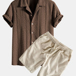 Geometric Jacquard Textured Cuban Shirt & Linen Cotton Blend Shorts Set