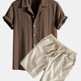 Geometric Jacquard Textured Cuban Shirt & Linen Cotton Blend Shorts Set
