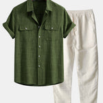Textured Shirt with Two Pockets & Straight Leg Linen Pants Set