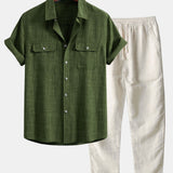 Textured Shirt with Two Pockets & Straight Leg Linen Pants Set