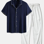 Contrast Stitching Linen Rayon Blend Cuban Shirt & Crinkle Textured Pants Set