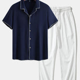 Contrast Stitching Linen Rayon Blend Cuban Shirt & Crinkle Textured Pants Set