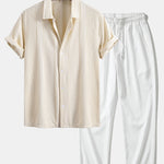 Geometric Jacquard Shirt & Crinkle Textured Straight Leg Pants Set
