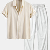 Geometric Jacquard Shirt & Crinkle Textured Straight Leg Pants Set