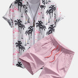 Palm Tree Flamingo Print Shirt & Swim Shorts Set