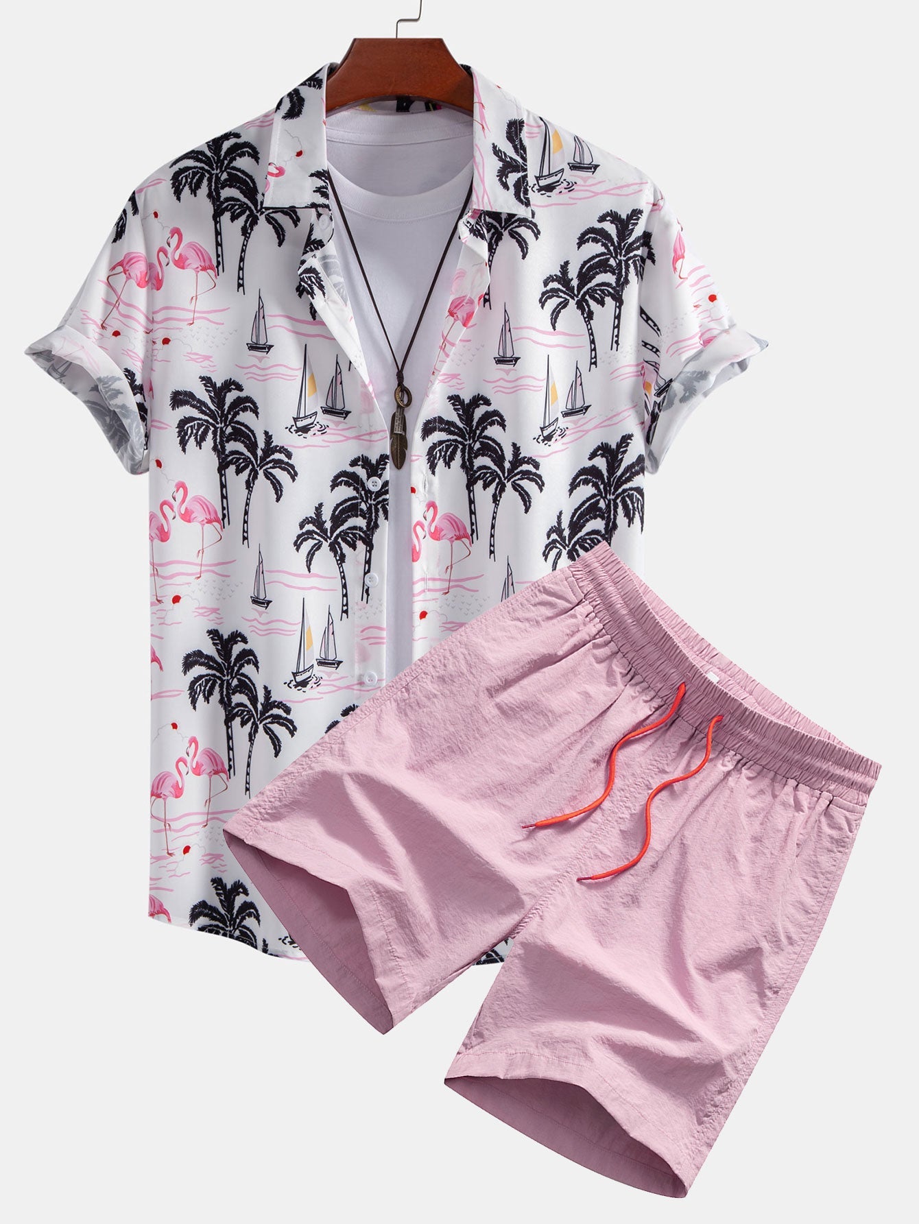 Palm Tree Flamingo Print Shirt & Swim Shorts Set