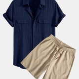 Linen Rayon Blend Pocket Utility Shirt & Crinkled Textured Drawstring Shorts Set