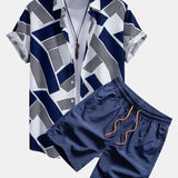 Color Block Geometry Print Shirt & Swim Shorts Set