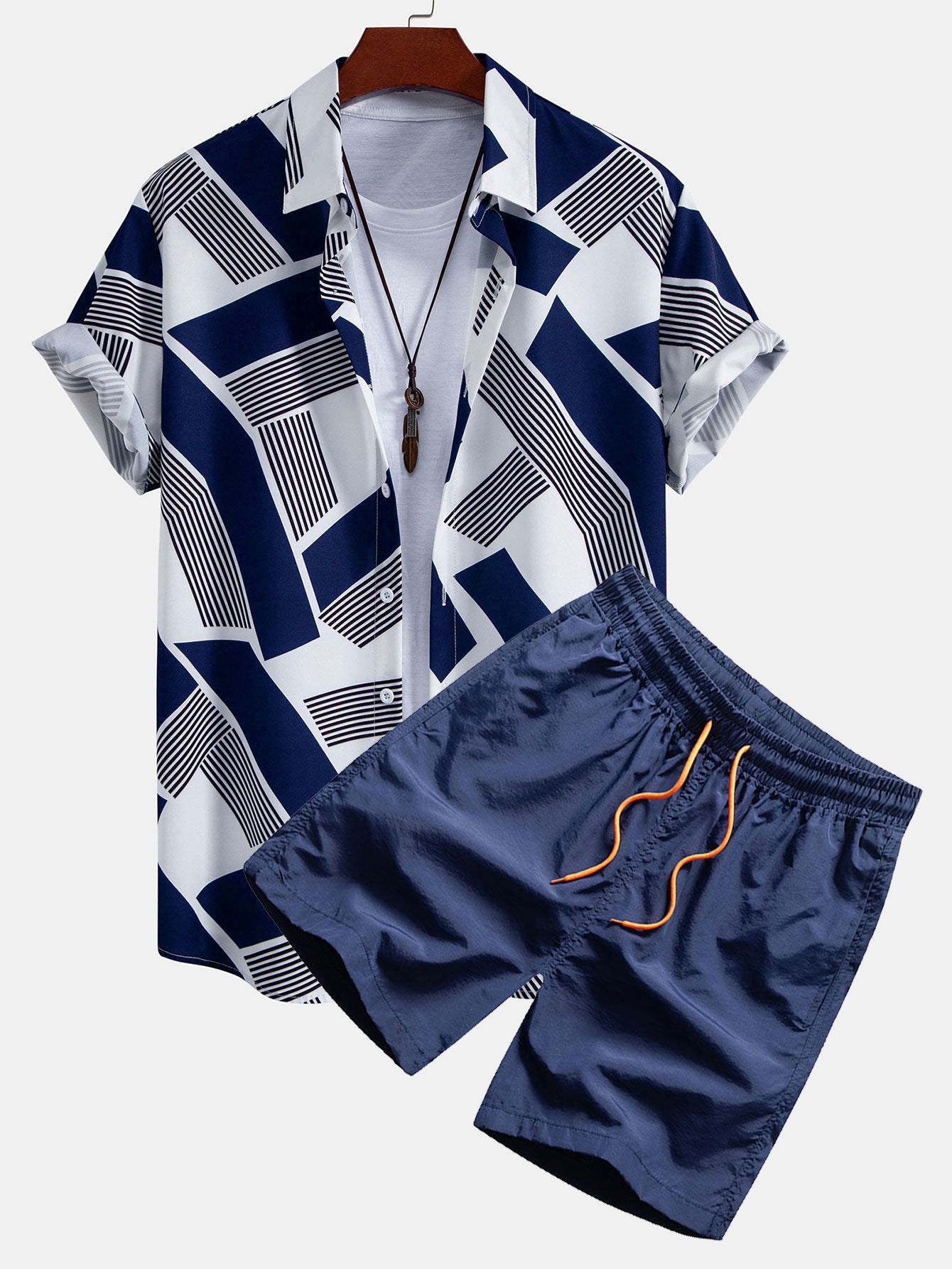 Color Block Geometry Print Shirt & Swim Shorts Set