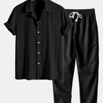 Geometric Jacquard Textured Cuban Shirt & Straight Leg Linen Pants Set