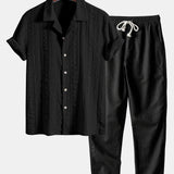 Geometric Jacquard Textured Cuban Shirt & Straight Leg Linen Pants Set