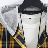 Plaid Contrast Button Up Hooded Shirt