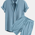 Waffle Stand Collar Shirt & Drawstring Waffle Shorts Set