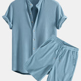 Waffle Stand Collar Shirt & Drawstring Waffle Shorts Set