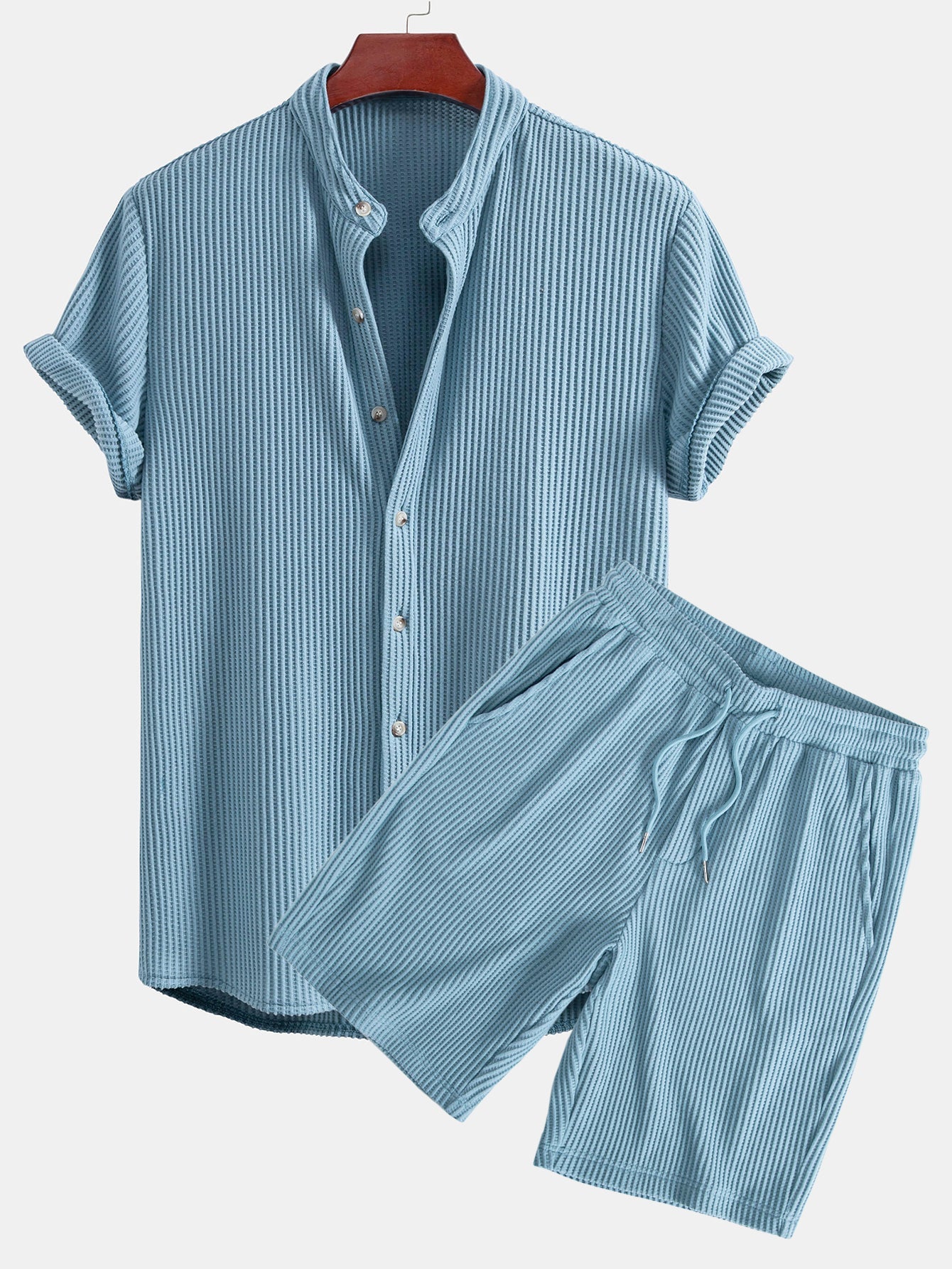 Waffle Stand Collar Shirt & Drawstring Waffle Shorts Set