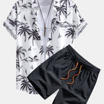 Palm Tree Island Print Shirt & Drawstring Swim Shorts Set