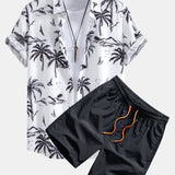 Palm Tree Island Print Shirt & Drawstring Swim Shorts Set