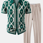 Retro Rhombus Geometric Knit Shirt & Slim Fit Tapered Trousers Set