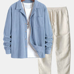 Long Sleeve Corduroy Cuban Collar Shirt & Straight Leg Linen Pants Set