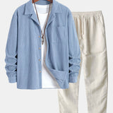 Long Sleeve Corduroy Cuban Collar Shirt & Straight Leg Linen Pants Set