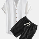 V Neck Linen Rayon Blend Shirt & Linen Cotton Blend Drawstring Shorts Set