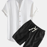 V Neck Linen Rayon Blend Shirt & Linen Cotton Blend Drawstring Shorts Set