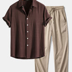 Linen Rayon Blend Shirt & Wrinkle Textured Straight Leg Pants Set