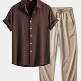 Linen Rayon Blend Shirt & Wrinkle Textured Straight Leg Pants Set