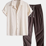 Knitted Geometric Rhombus Jacquard Cuban Shirt & Linen Pants Set