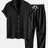 Texture Jacquard Cuban Shirt & Straight Leg Linen Pants Set