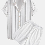 Geometric Striped Jacquard Shirt & Crinkled Textured Drawstring Shorts Set