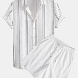 Geometric Striped Jacquard Shirt & Crinkled Textured Drawstring Shorts Set