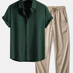 Short Sleeve Linen Shirt & Crinkle Textured Straight Leg Pants Set