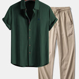 Short Sleeve Linen Shirt & Crinkle Textured Straight Leg Pants Set