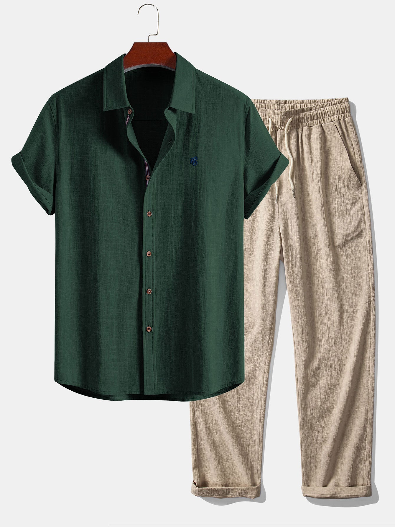 Short Sleeve Linen Shirt & Crinkle Textured Straight Leg Pants Set
